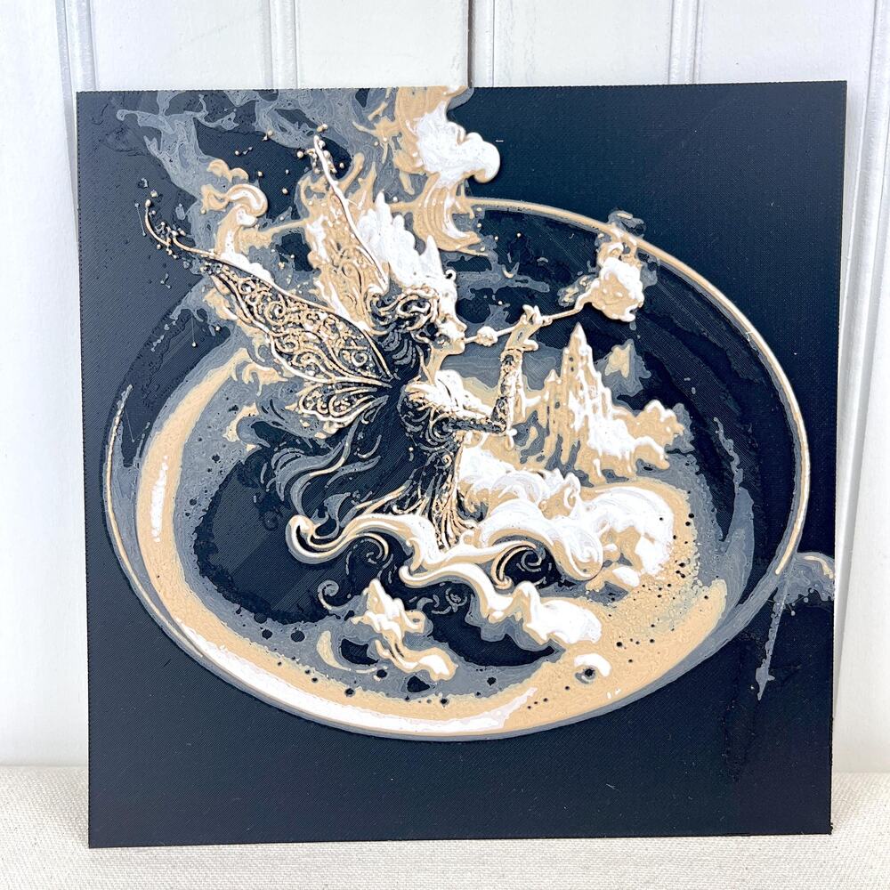 Fairy in Coffee Art Piece, Black, White & Gold Fairy Wall Art